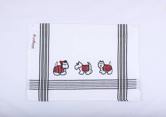 Scotty dog embroidered tea towel. Code: T/T-SCOT.